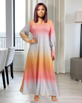 Plus Size Women Clothes Fall Winter Casual Gradient Mixed Color Dress Women