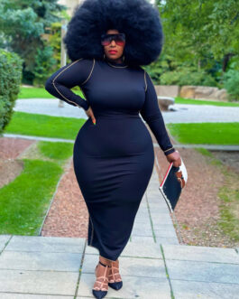 Plus Size Tight Sexy Solid Color Rib Fabric Long  Women Dress