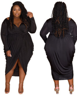 Plus Size Women Clothing Sexy Deep V Plunge Plunge Fashionable Pleated Elegant Nightclub Woman Dress Maxi Dress