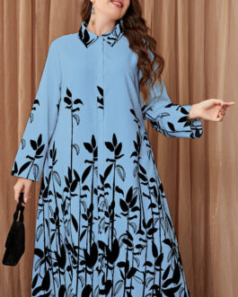 Loose Retro Colorful Shirt Collar Office Literary Floral Printing Dress Shirt Jumpsuit