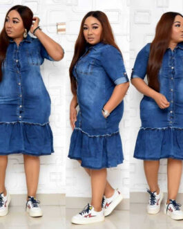 Plus Size Women Clothing Women  Washed Denim Shirt Dress