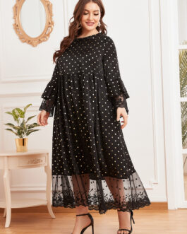 Plus Size Women round Neck Flared Long Sleeve Bronzing Dotted Prints Lace Stitching Waist-Slimming Muslim Maxi Dress