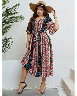 Summer V neck Printed Lace up Waist Dress Women