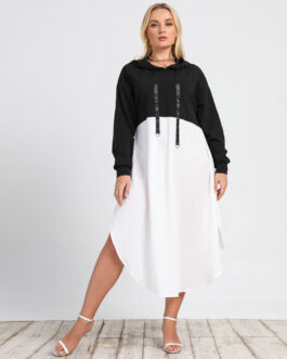Plus Size Autumn New  Women Clothing Swing Long Sleeve Crew Neck Casual Hooded Black White Contrasting-Color Dress