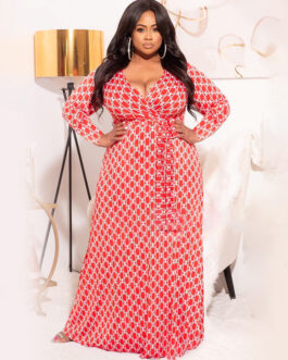 Plus Size Printing Deep V-neck Slim-Fit Long with Belt  Women Dress