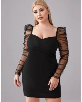 Plus Size Autumn Winter    Women Clothing Personality Sheath Mesh Long Sleeve Dress