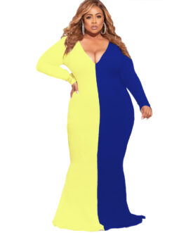 Plus Size Plus Size Color Contrast Patchwork V-neck Slim-Fit Long Sleeve Women Maxi Dress