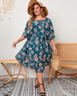 Plus Size Ladies round Neck Ruffled Waist Tight Elegant Big Hem Printed  Dress