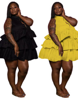 Plus Size Plus Size Women Solid Color Buttons Sleeveless tiered dress