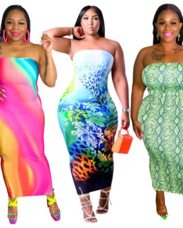 Plus Size Plus Size Summer  New Fashion Cutting Piece Burnt Floral Dress Sexy Tube Top Straight Dress for Women