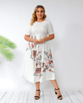Plus Size Women Clothing  Printed Solid Color Maxi Dress High Waist Slim Fit Ruffled  Women Clothing