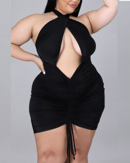 Plus Size Women Clothes Retro Slim Fit Waist One-Step Dress Office Halter Tube Top Dress