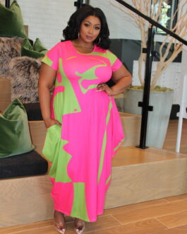 Plus Size Summer Classic Contrast Color High Waist Short Sleeve  Dress