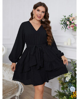 Elegant V neck Multi Layer Lace Dress Lantern Sleeve Plus Size Dress