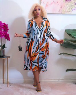 Plus Size Casual V-neck Long Sleeve Loose  Color Matching Dress