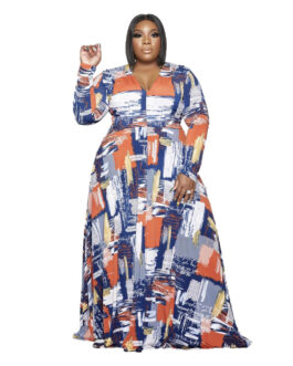 Plus Size Women Clothing Autumn Winter Irregular Asymmetric Color Printed Mop Hem Loose Women Dress
