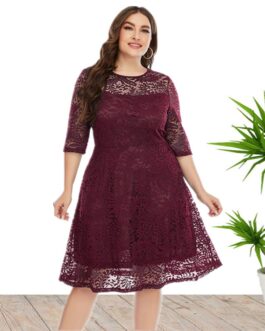 Plus Size Spring Summer  Women Clothes round Neck Lace Dress Mid-Length Formal Dress