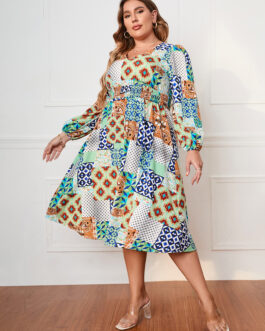 Plus Size Colorblock Loose Women Clothing Long Sleeve Dress