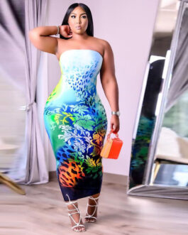 Plus Size Plus Size Summer  New Fashion Cutting Piece Burnt Floral Dress Sexy Tube Top Straight Dress for Women
