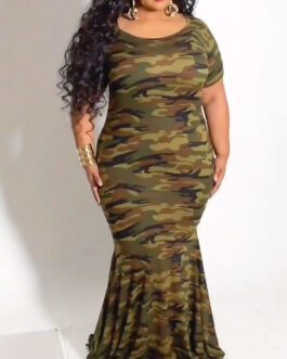 Plus Size New Platform  Camouflage Print Short Sleeve Sexy Fishtail  Dress