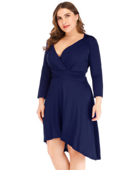 Plus Size Summer Women V-neck Tight Waist Pleated  Dress Elegant  Women Clothes