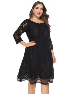 Plus Size Summer Autumn Women Clothes round Neck Lace Dress