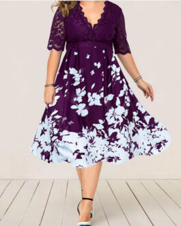Plus Size Digital Printing Lace Stitching Dress