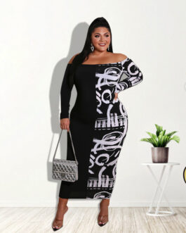 Plus Size Women Clothing Summer New Graffiti off-the-Neck Dress
