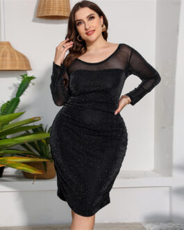 Plus Size Women Dress off-Shoulder Long Sleeve Slim Package Hip Pleated Hollow Out Cutout out Diamond in the Debris Sexy