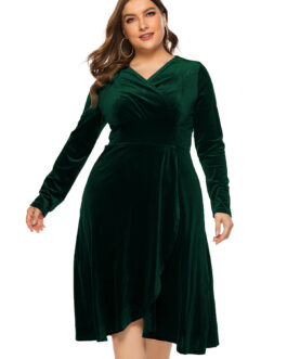 Plus Size Women Clothes Autumn New V-neck Long Sleeve  Dress