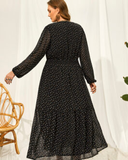 Plus Size V neck Black Polka Dot Embroidered Dress Lantern Sleeve Dress
