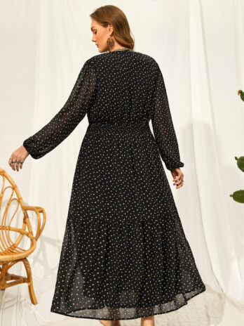 Plus Size V neck Black Polka Dot Embroidered Dress Lantern Sleeve Dress