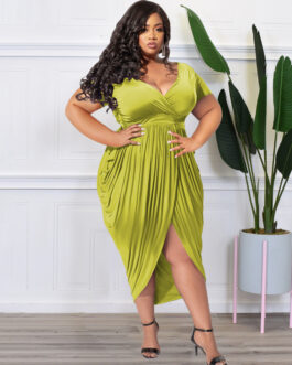 Plus Size Solid Color Deep V Plunge Plunge Sexy Tight Split Long Women Dress