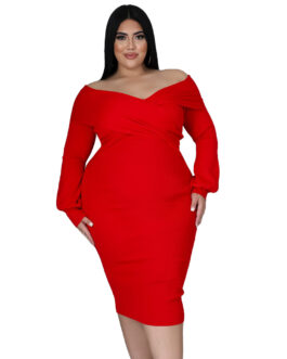 Plus Size Woman  Women V-neck Solid Color Midi Dress Sexy Dress