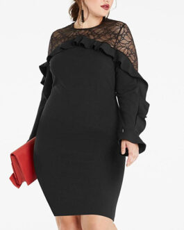 Plus Size Dress Women Body Shaping Sexy Hip Dress Lace See hrough Patchwork Ruffled