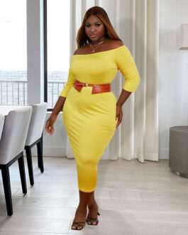Plus Size Women Clothing off Shoulder Dress Spring Autumn Tube Top Solid Color Half Sleeve Pullover Maxi Dress  Women