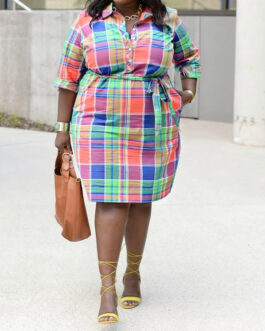 Popular Plus Size Printed Shirt Plaid Dress
