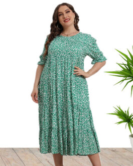 Plus Size Summer Women Clothes Short Sleeve Rayon Printed Loose Dress