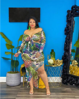 Plus Size Plus Size Women  Sexy Print Lace-up Oblique Split Asymmetric Dress