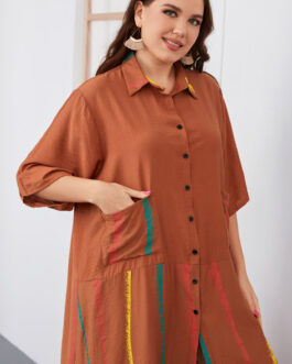 Plus Size Irregular Asymmetric Chubby Girl Dress Black Office Solid Color Woven Collared Women Half Sleeve Dress