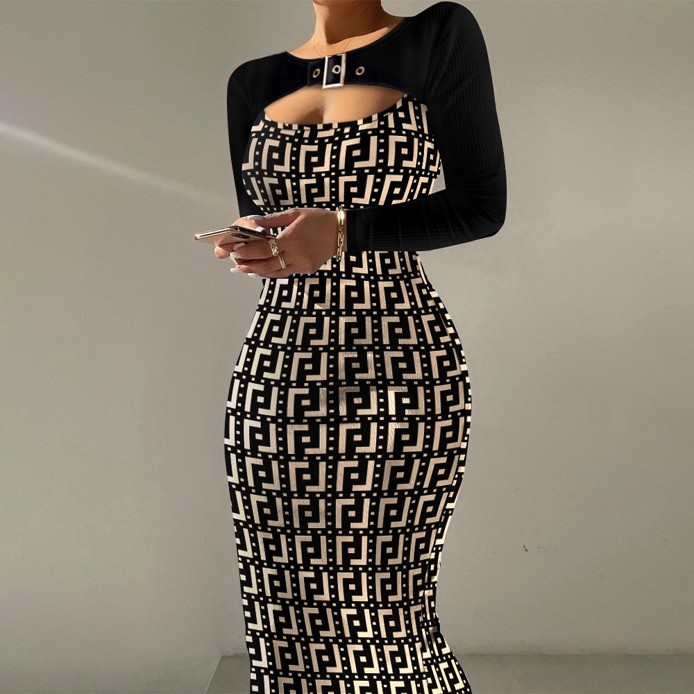 Plus Size Women Clothing Autumn Skinny Print False Two Piece Fishtail Dress - Image 2