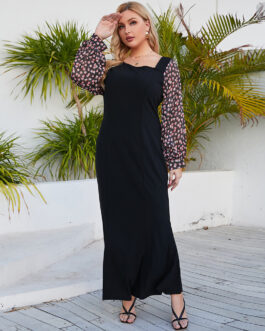 Plus Size Women Clothing Autumn Square Collar Printed Long Sleeve Long Elegant  Dress