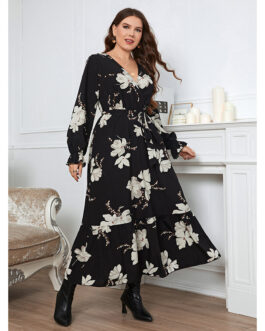 Elegant Printed V neck Petal Sleeve Women Plus Size Jumpsuit