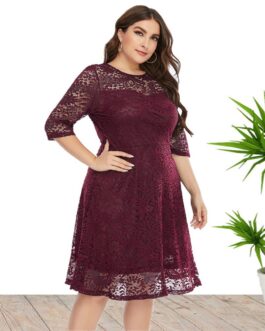 Plus Size Spring Summer  Women Clothes round Neck Lace Dress Mid-Length Formal Dress