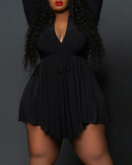 Plus size Women Dress Collared Pullover Long Sleeve Tied Deep V Plunge Plunge High Waist Dress