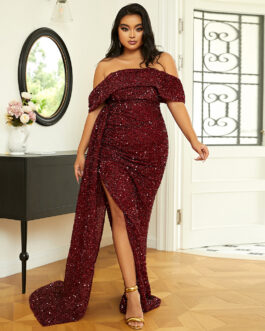 Plus Size Women Long Wedding Party Cocktail Light Sequined Evening Dress
