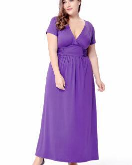 Plus Size Women Clothes Summer V neck Waist Trimming Short Sleeved Knitted Dress