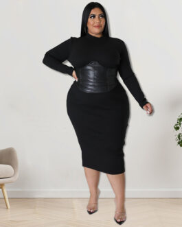 Plus Size Fall Women Clothing Zipper Hit Leather One Step Dress Source