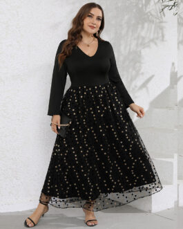 Plus Size Women Casual V Neck Long Sleeve Polka Dot Printed Pattern Swing Long Dress