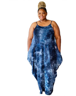 Plus Size Sundress Women Clothes Popular Tie-Dye Printed Loose Strap Ladies Irregular Asymmetric Dress
